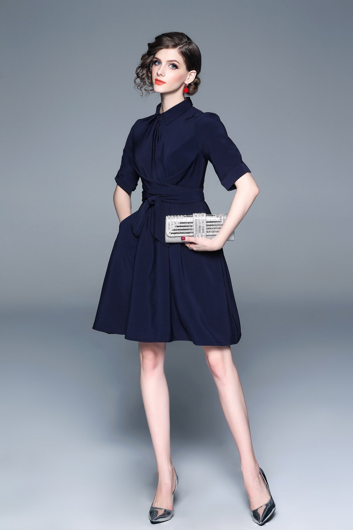 Classic Navy Blue Belted Shirt Dress-1