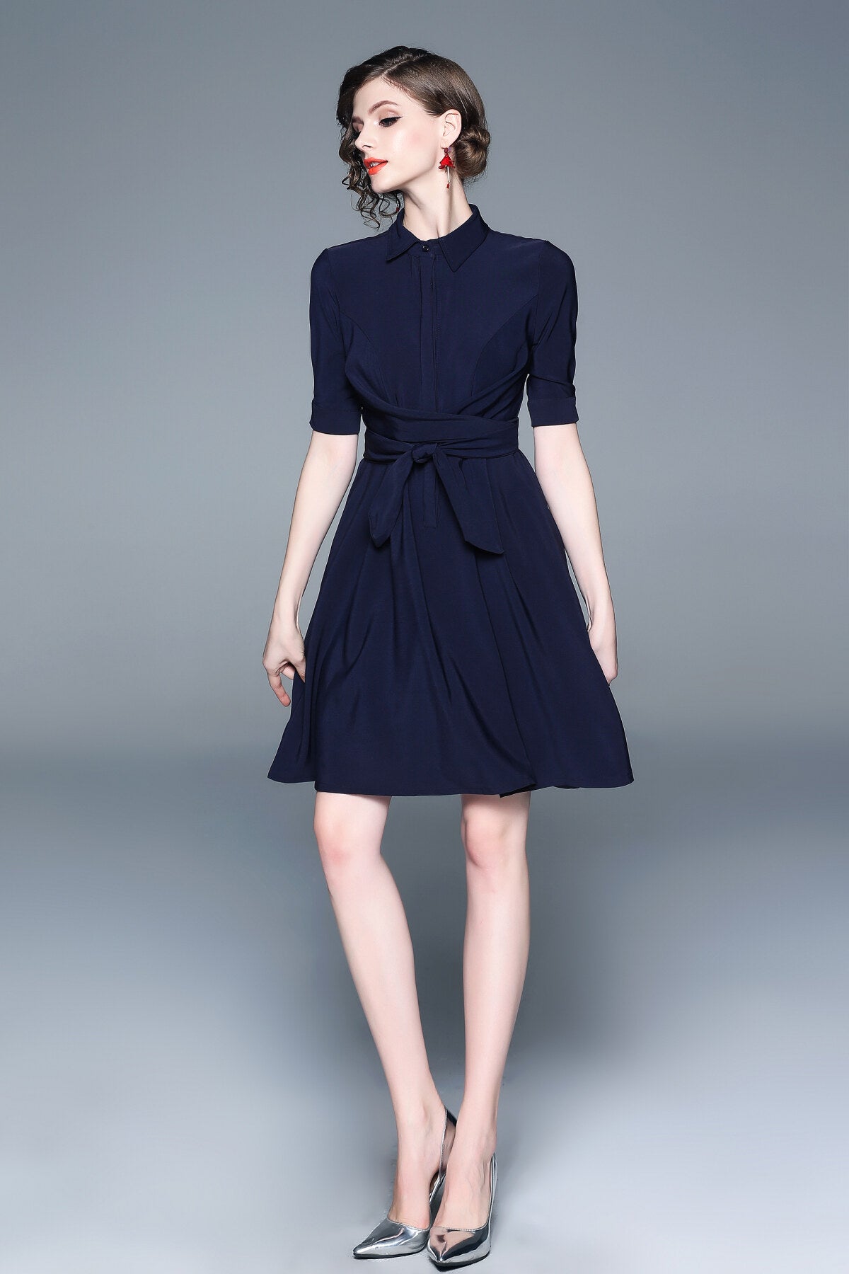 Classic Navy Blue Belted Shirt Dress-2