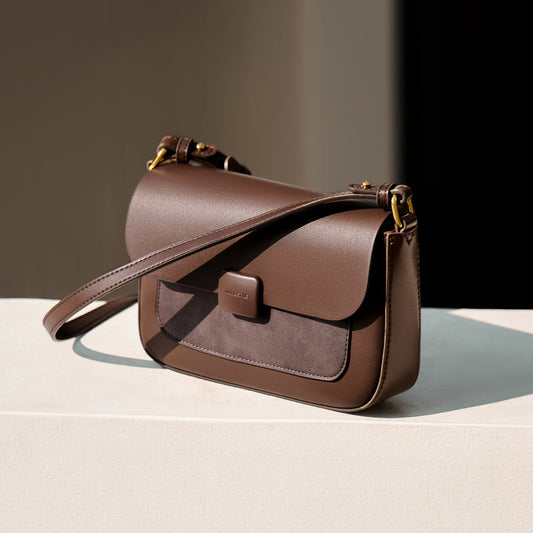 Compact Coffee Leather Box Shoulder Bag-1