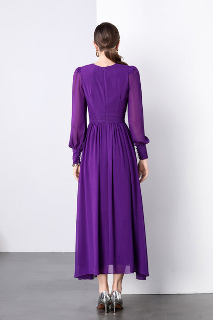 Deep Purple Long Sleeve V Neck Ruched Waist Maxi Dress-3