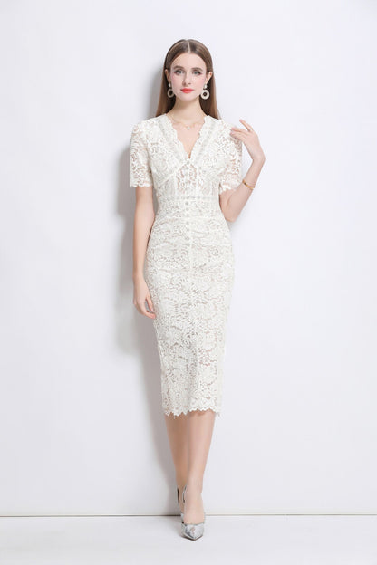 Donna Slim Fit White Lace Cut Out Dress with Inner Slip-0