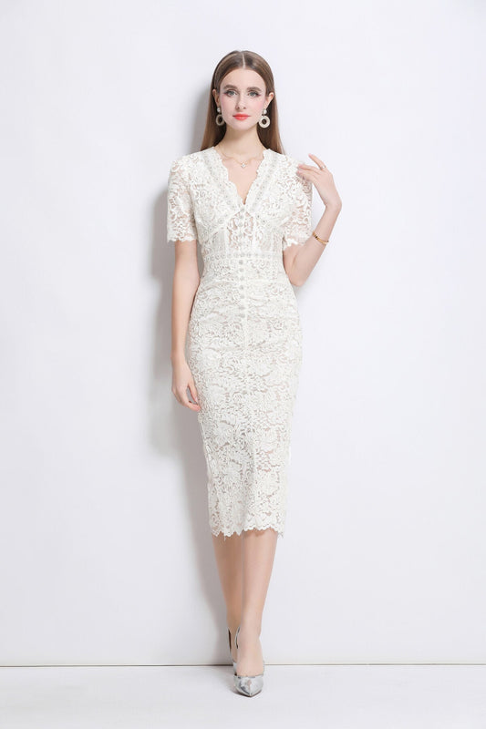 Donna Slim Fit White Lace Cut Out Dress with Inner Slip-0