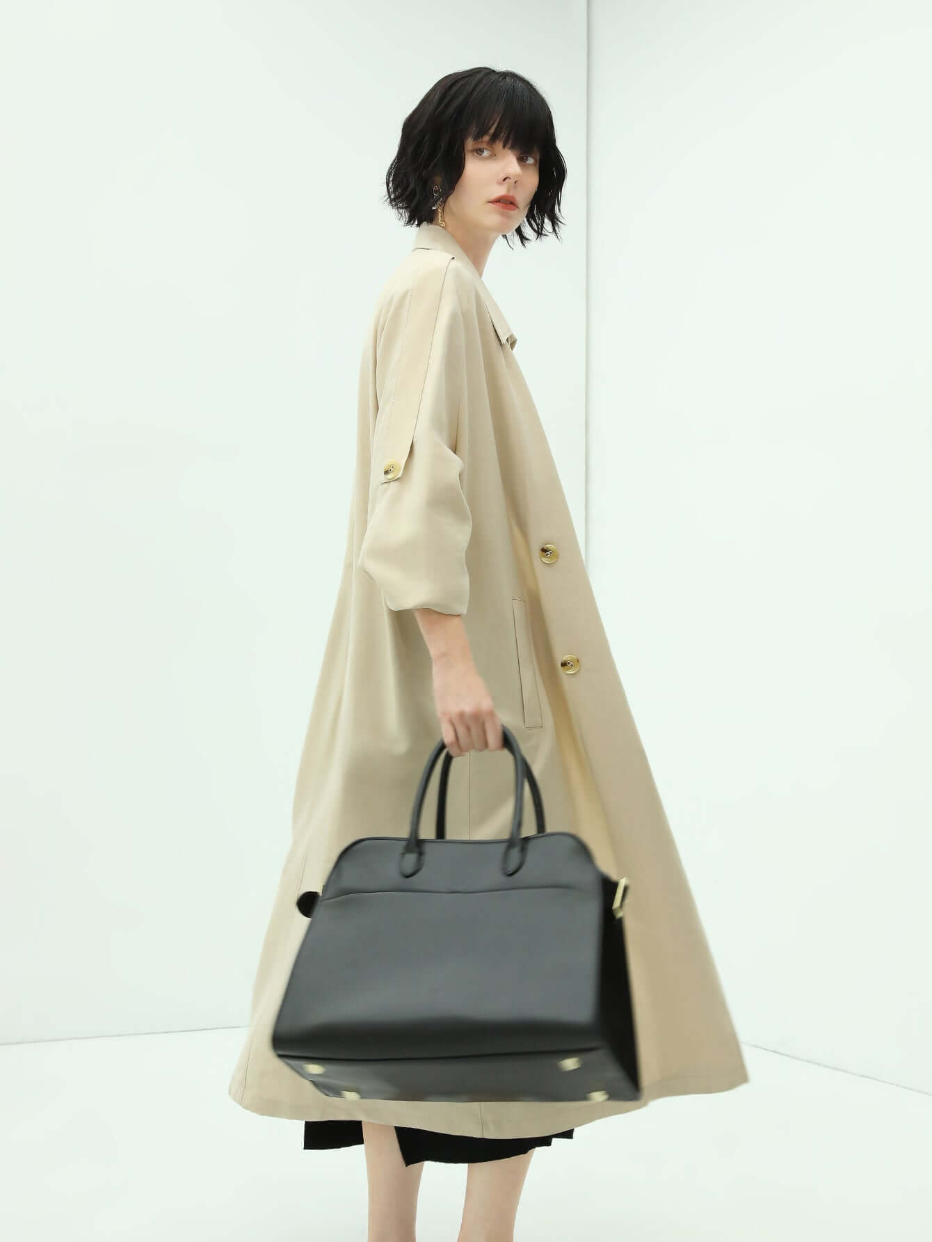 Double Breasted Mid-Length Military Style Beige Trench Coat-0