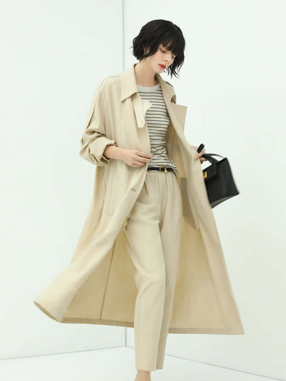 Double Breasted Mid-Length Military Style Beige Trench Coat-2