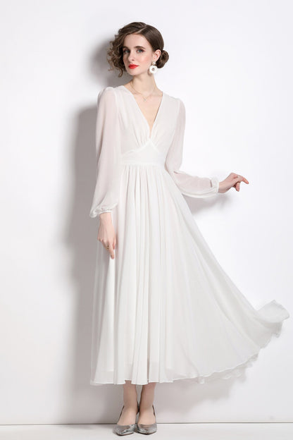 Dreamy White Long Sleeve V Neck Maxi Dress-2