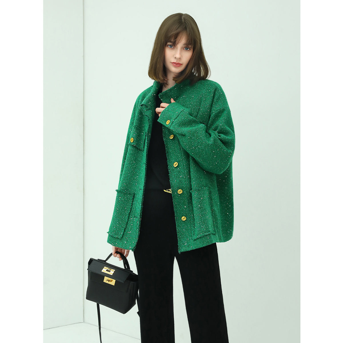 Emerald Green Single Breasted Tweed Coat with Gold Buttons-0