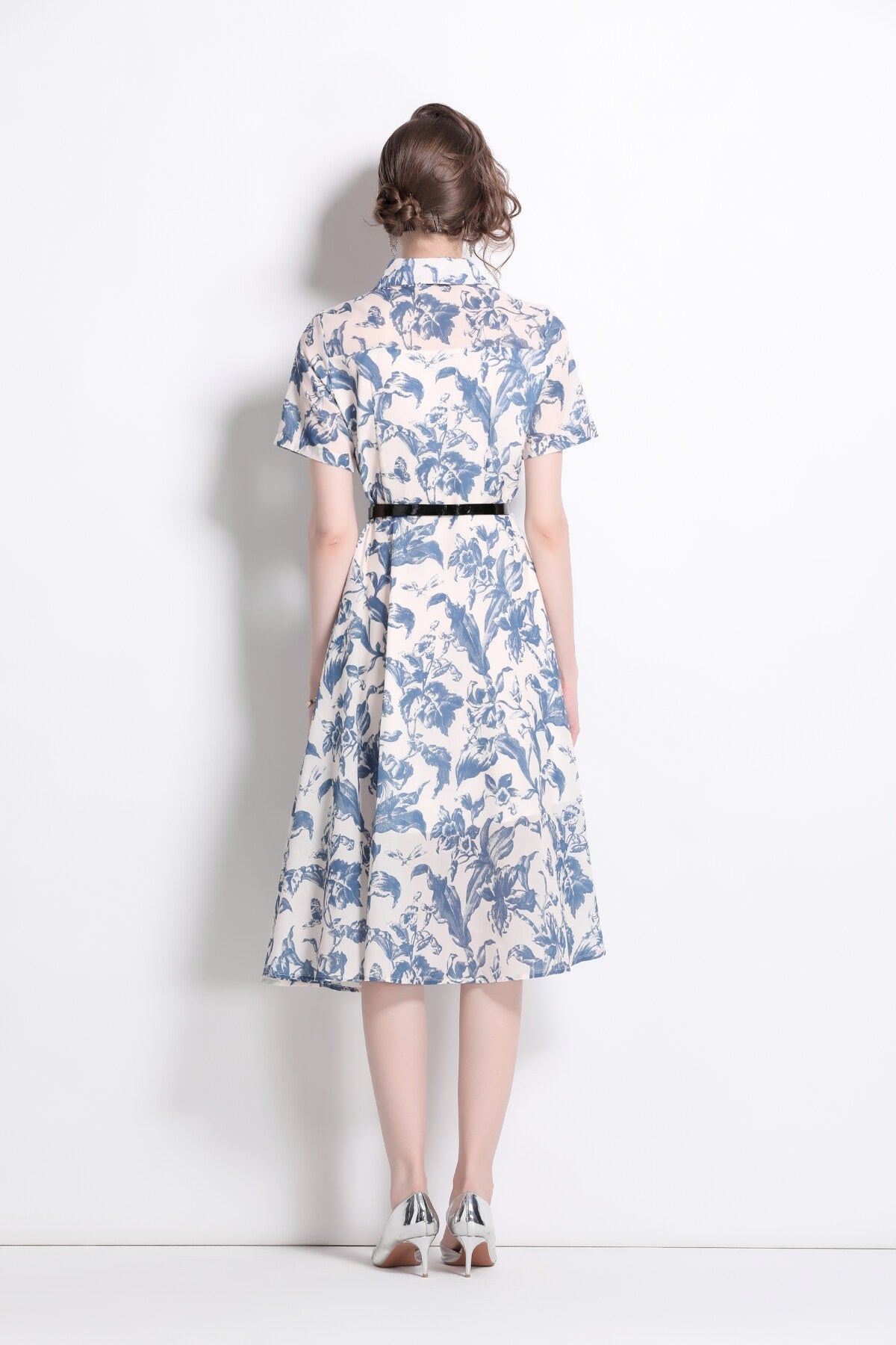 Floral Cinched Waist A Line Work Shirt Dress-3