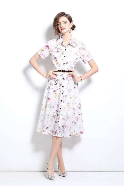Floral Cinched Waist A Line Work Shirt Dress-4