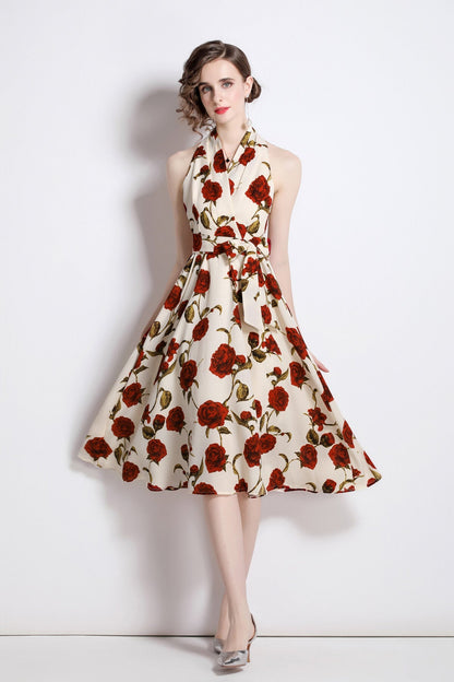Floral High Waisted Slimming Halter Neck Beige A Line Dress-0