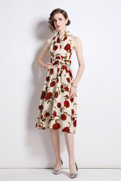 Floral High Waisted Slimming Halter Neck Beige A Line Dress-1
