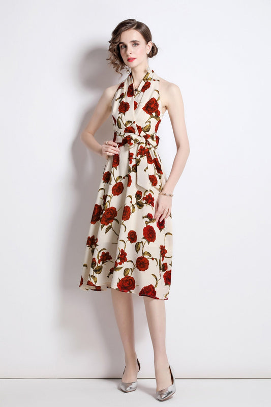 Floral High Waisted Slimming Halter Neck Beige A Line Dress-1