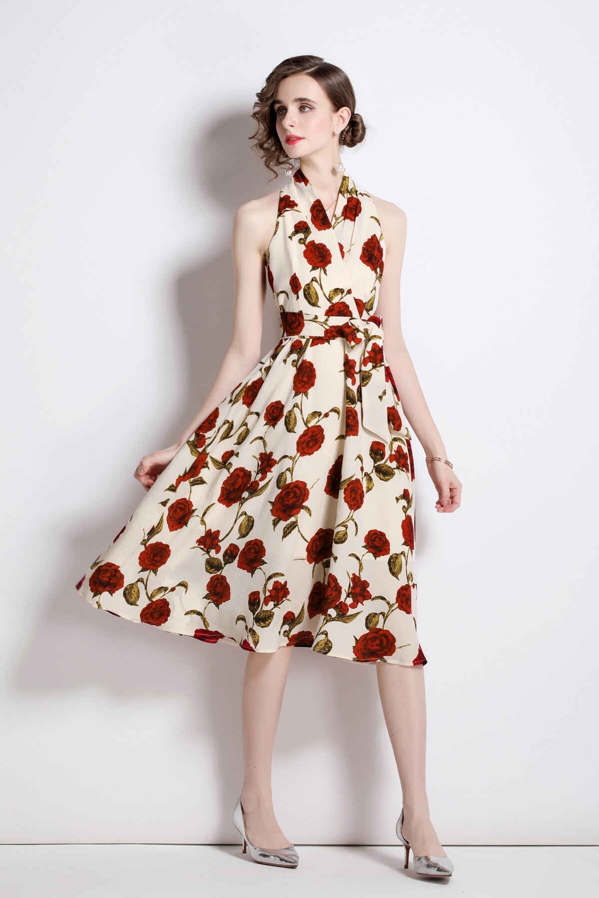 Floral High Waisted Slimming Halter Neck Beige A Line Dress-2