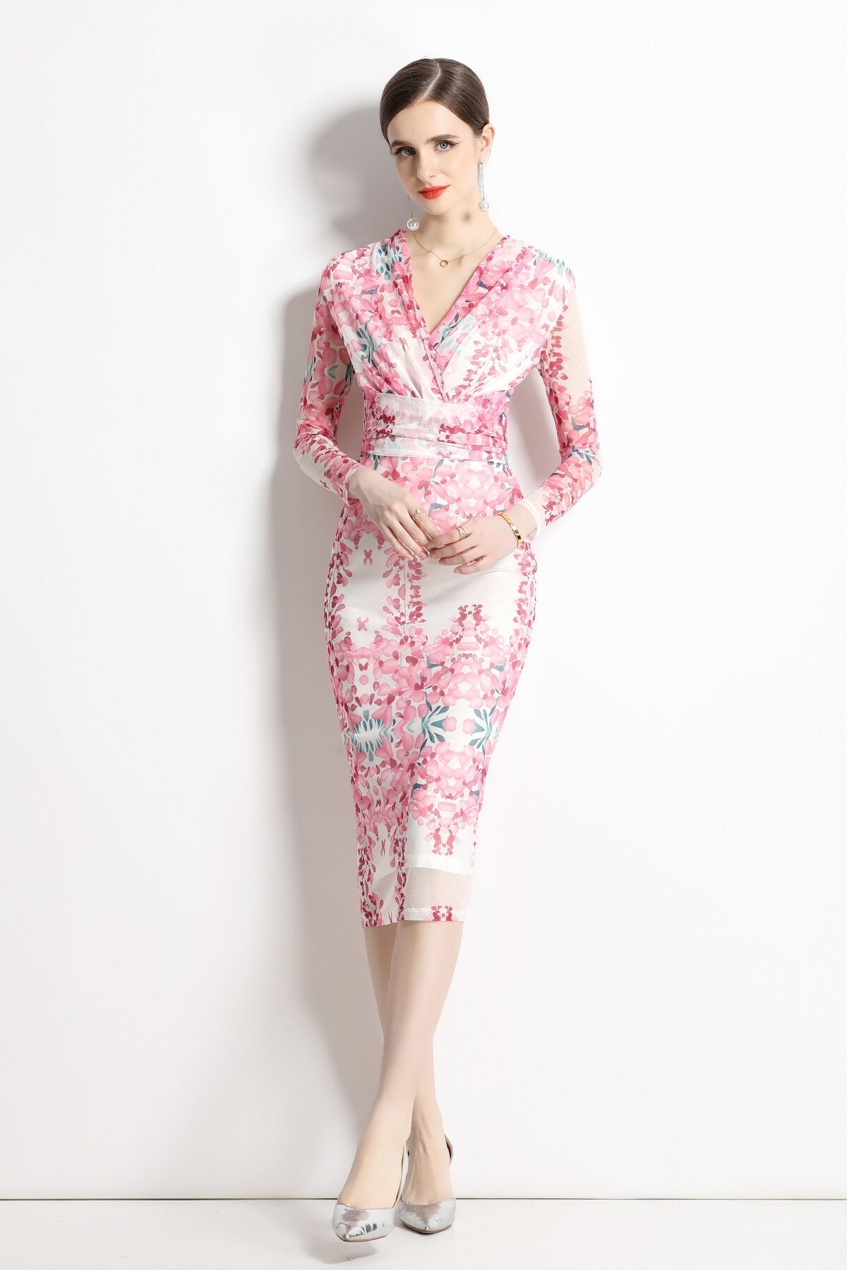 Floral Pink Plunging Fitted Garden Party Midi Dress-0