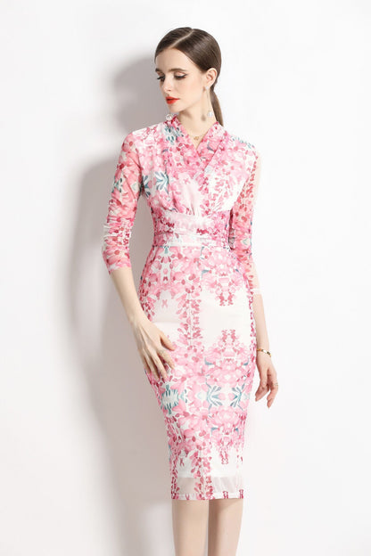 Floral Pink Plunging Fitted Garden Party Midi Dress-1