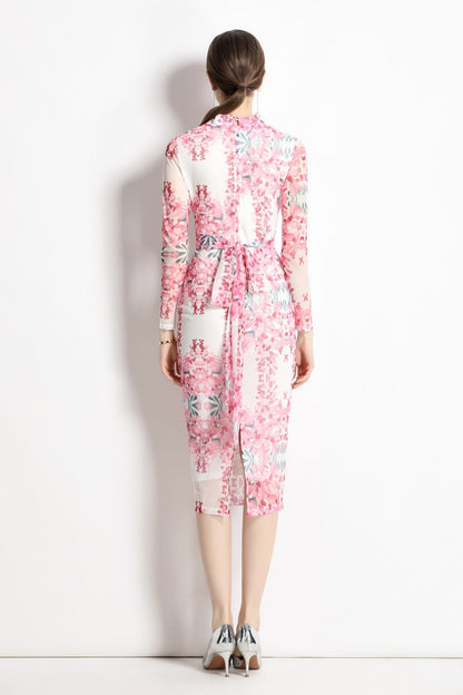 Floral Pink Plunging Fitted Garden Party Midi Dress-3