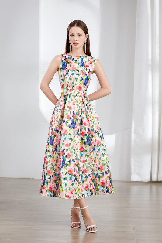 Floral Sleeveless Boatneck Flared A Line Midi Dress-0