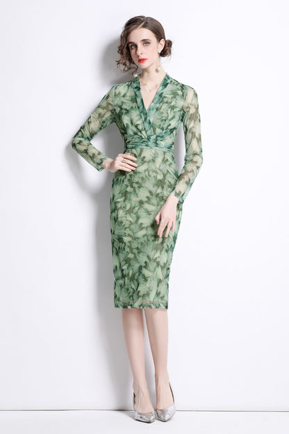 Form Fitting V Neck Mesh Floral Green Tea Dress-2