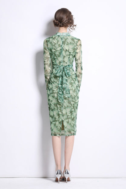 Form Fitting V Neck Mesh Floral Green Tea Dress-3