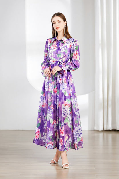 Fragrant Lavender Ruched Waist Ruffle Cuff Long Dress-1