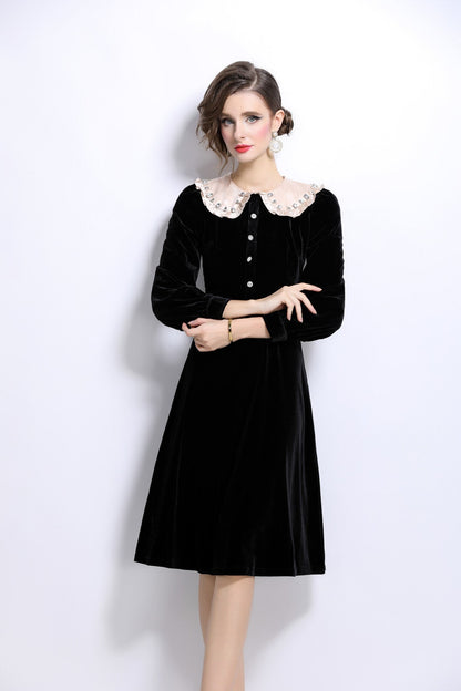 French Lace Collar Knee Length Black Velvet Dress-1