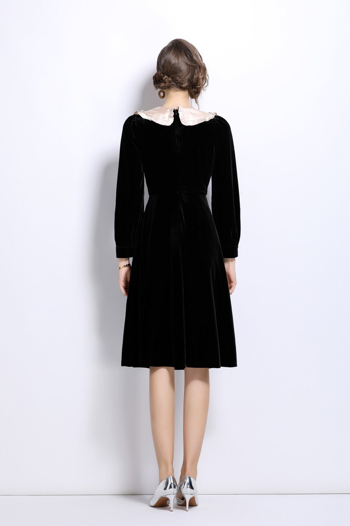 French Lace Collar Knee Length Black Velvet Dress-3