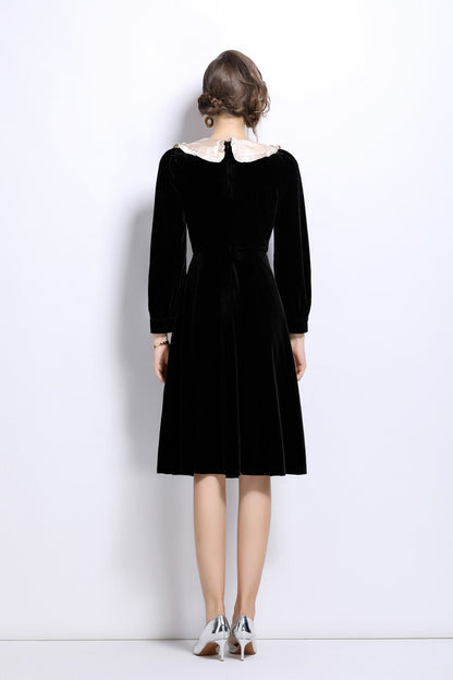 French Lace Collar Knee Length Black Velvet Dress-3
