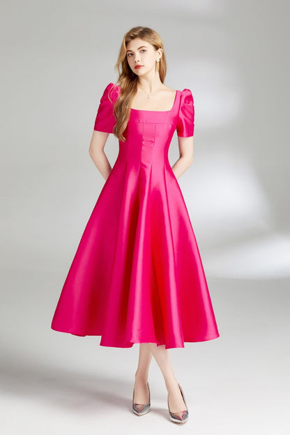 French Square Neck Flared Evening Dress-4