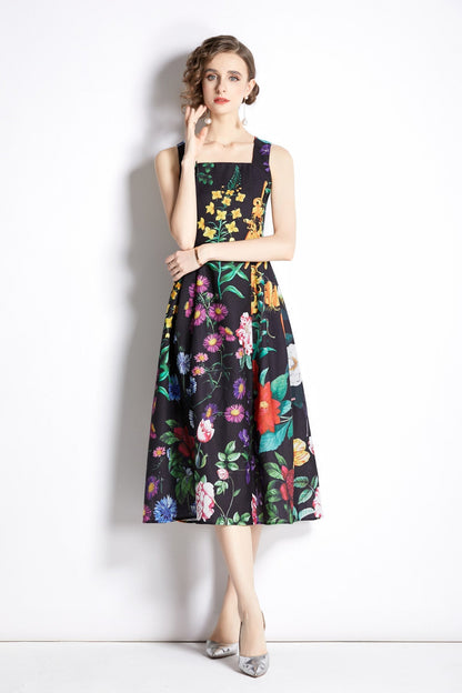 French Vintage Floral Black High Waist Spaghetti Strap Dress-2