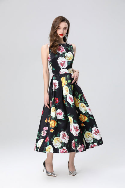 Garden Floral Structured Sleeveless High Waisted A Line Dress-2