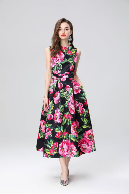 Garden Floral Structured Sleeveless High Waisted A Line Dress-4