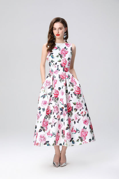 Garden Floral Structured Sleeveless High Waisted A Line Dress-9
