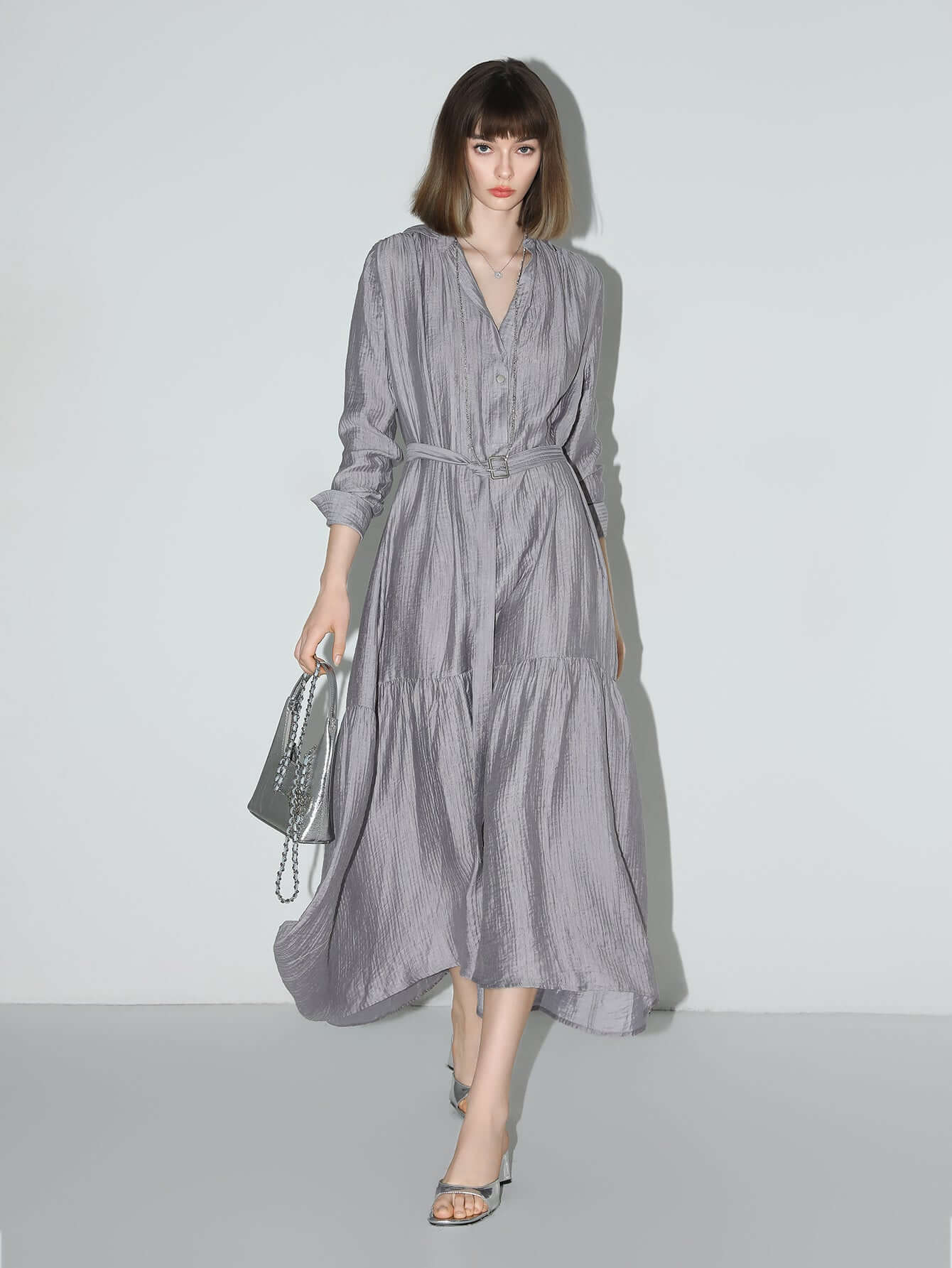 Glam Purple Pleated Long-Sleeve Shirt Dress-2