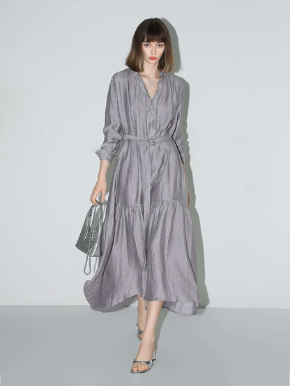 Glam Purple Pleated Long-Sleeve Shirt Dress-2