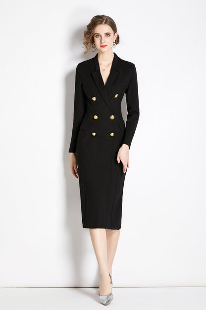 Gold Double Breasted Black Midi Blazer Dress-0