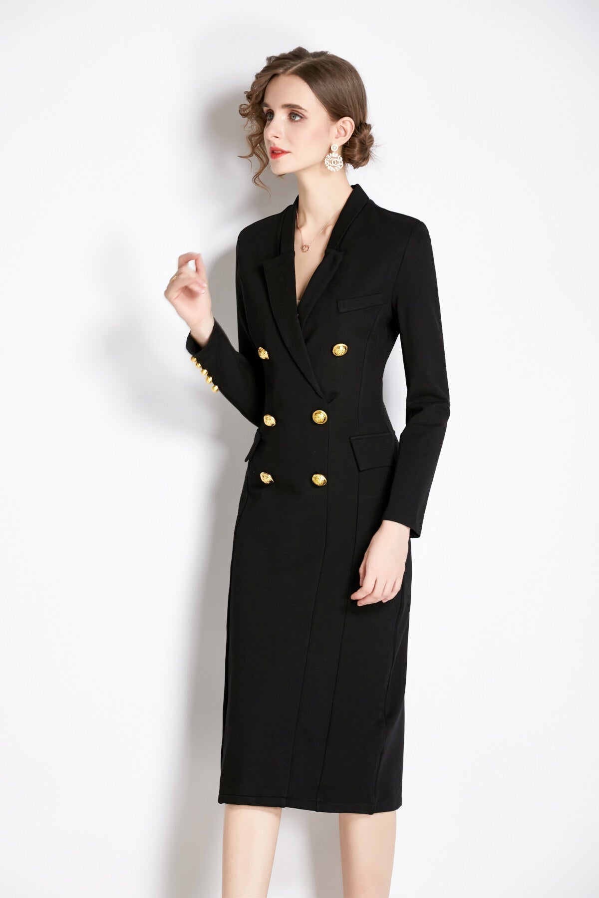 Gold Double Breasted Black Midi Blazer Dress-1