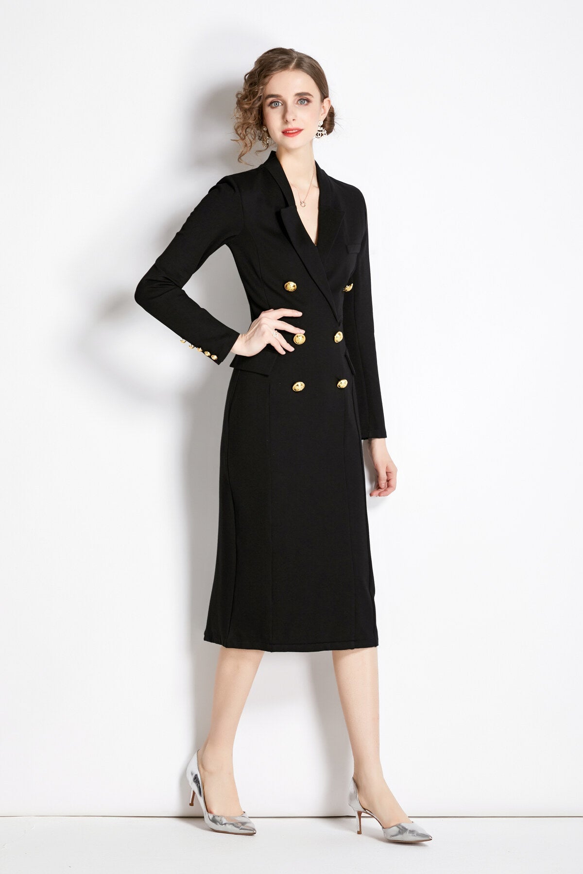 Gold Double Breasted Black Midi Blazer Dress-2
