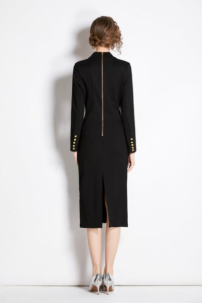 Gold Double Breasted Black Midi Blazer Dress-3