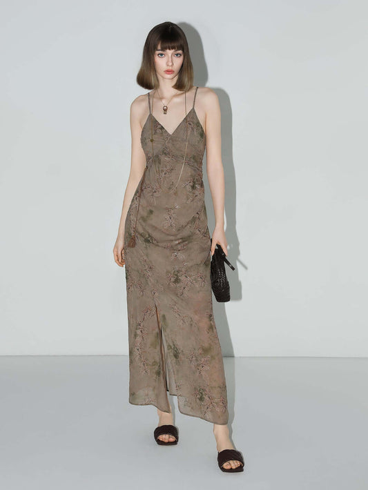Golden Brown Tea Steep Floral Chiffon Cami Dress-1
