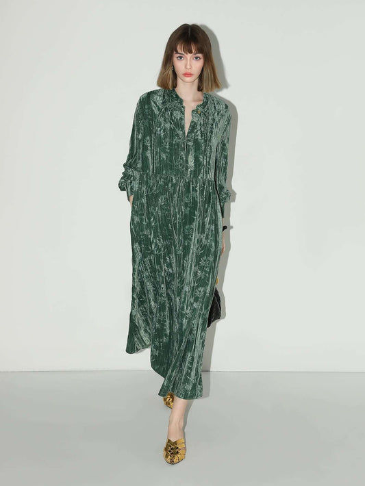 Green Bamboo Leaf and Knotted Button Dress-1