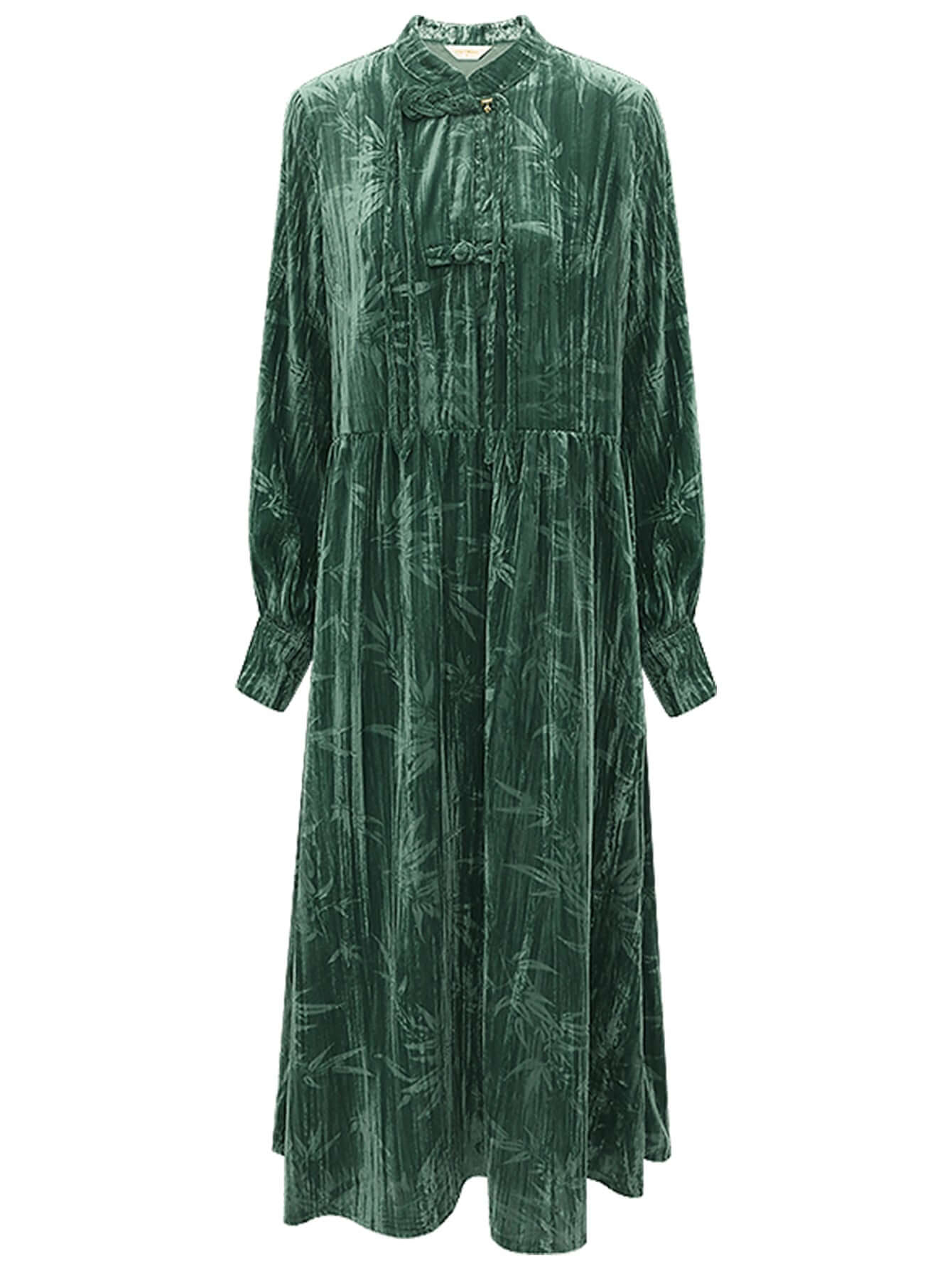 Green Bamboo Leaf and Knotted Button Dress-3