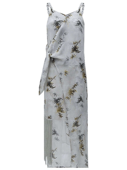 Grey Bamboo Foliage Asymmetrical Wrap Dress-3