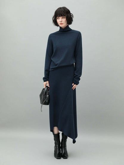 Herringbone High Neck Knit Top in Navy-2