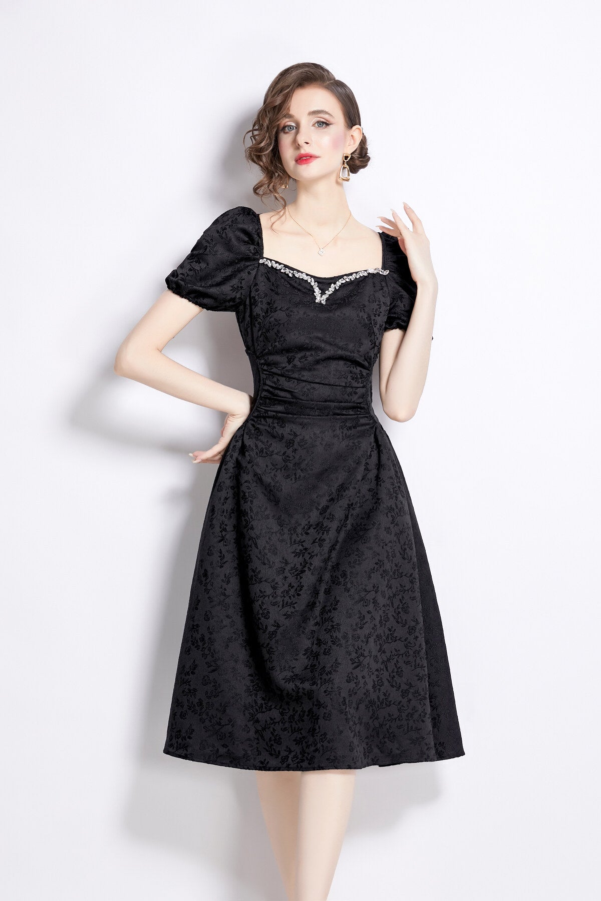 Jacquard Hand Beaded Square Neck Puff Sleeve Midi Dress-1