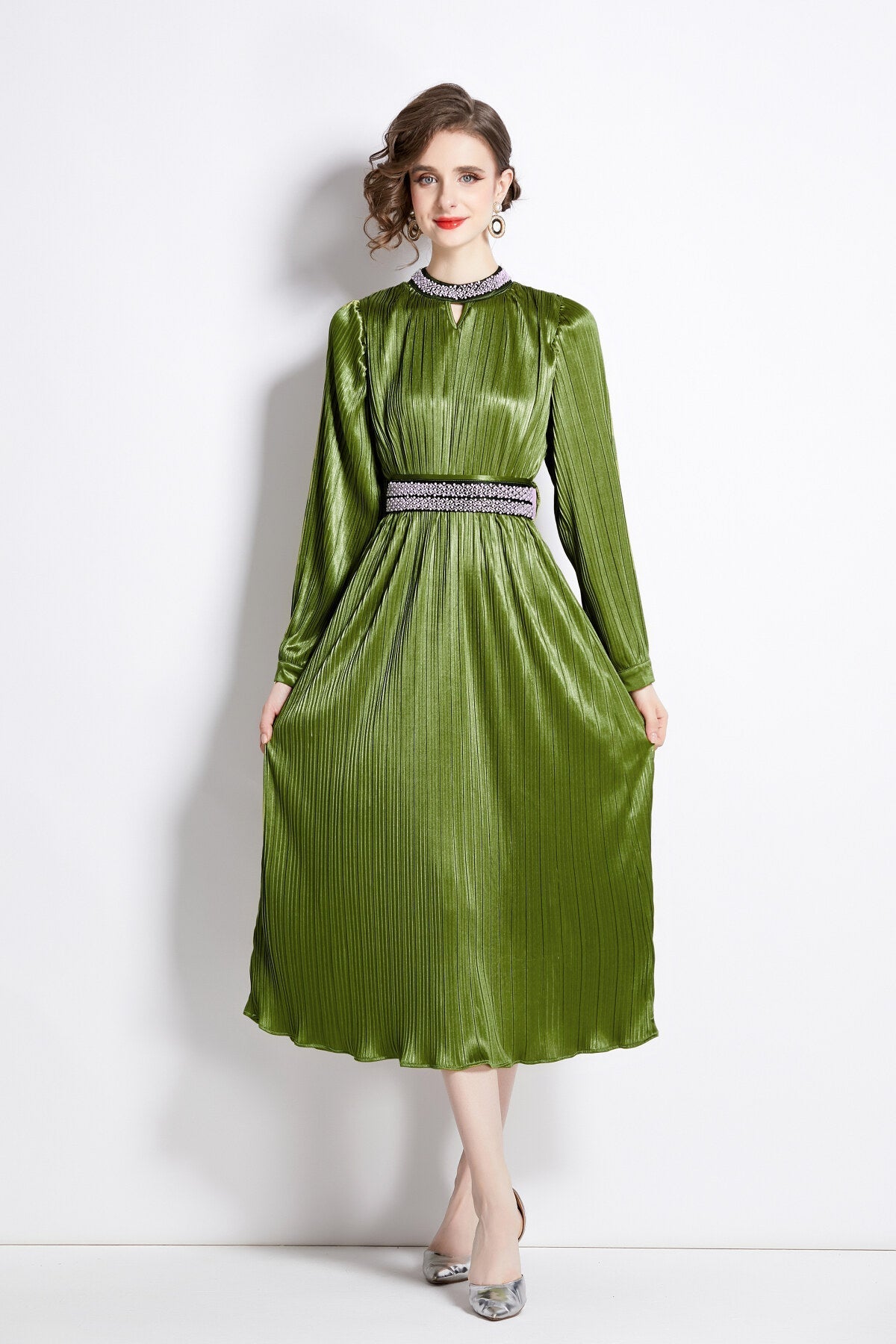 Lantern Sleeve Waist Tie Heavily Beaded Pleated Dress-2