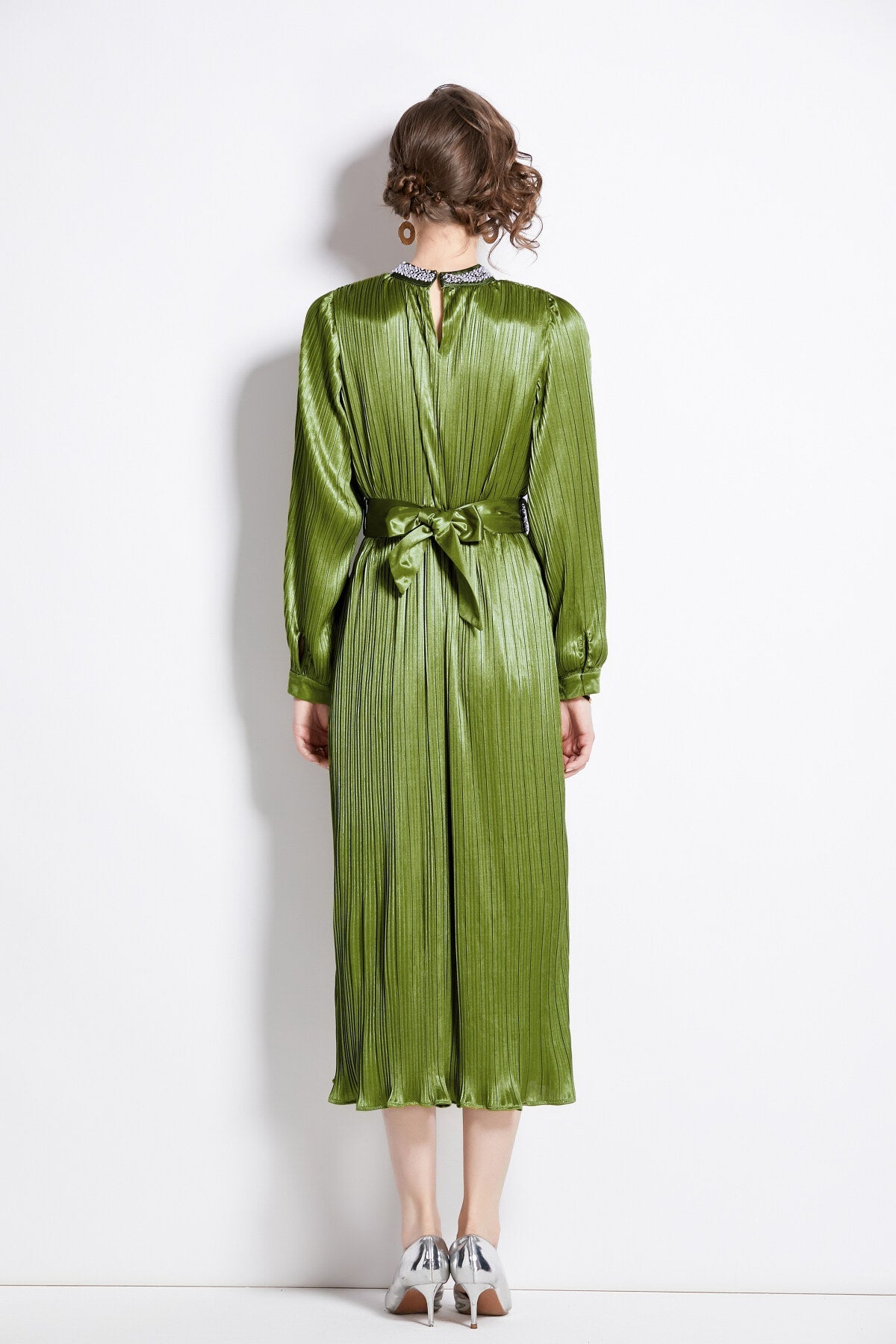 Lantern Sleeve Waist Tie Heavily Beaded Pleated Dress-3