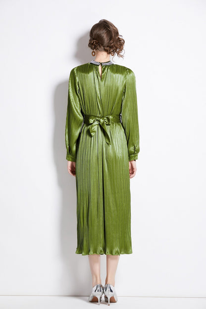 Lantern Sleeve Waist Tie Heavily Beaded Pleated Dress-3