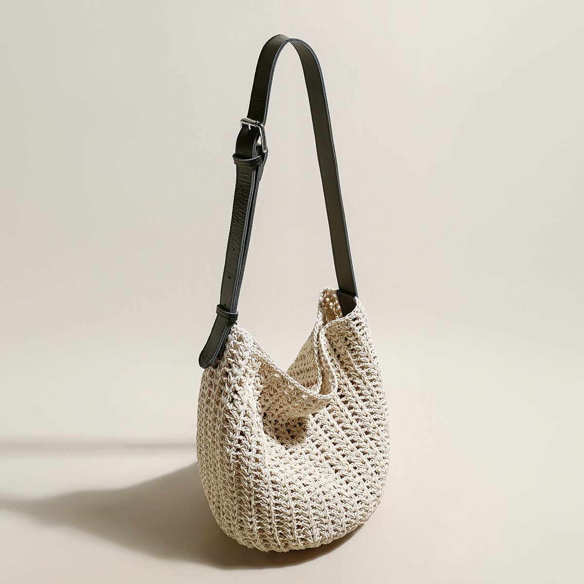 Medium White Beach Tote Bag with Blue Leather Straps-1