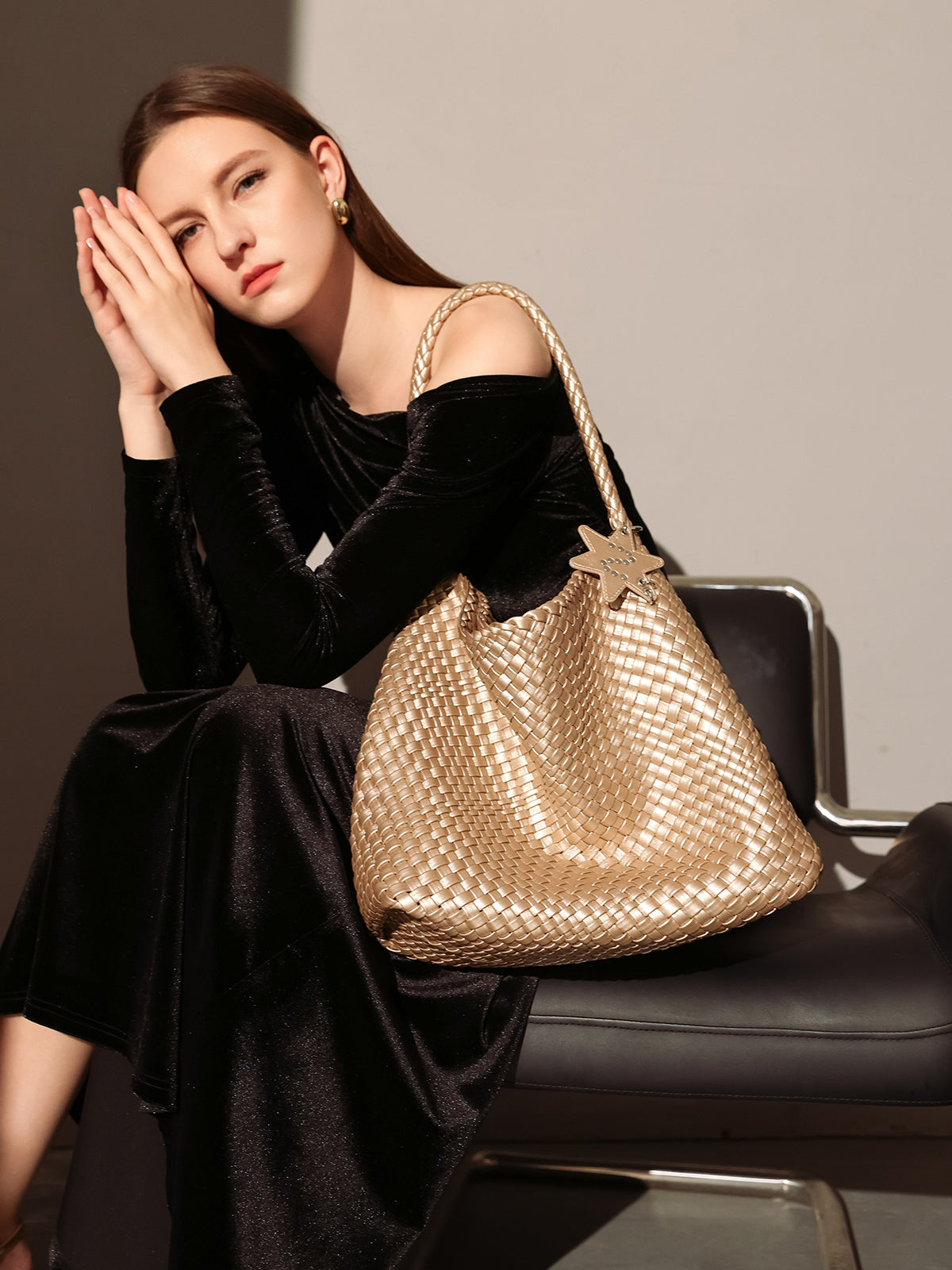 Metallic Champagne Woven Tote-3