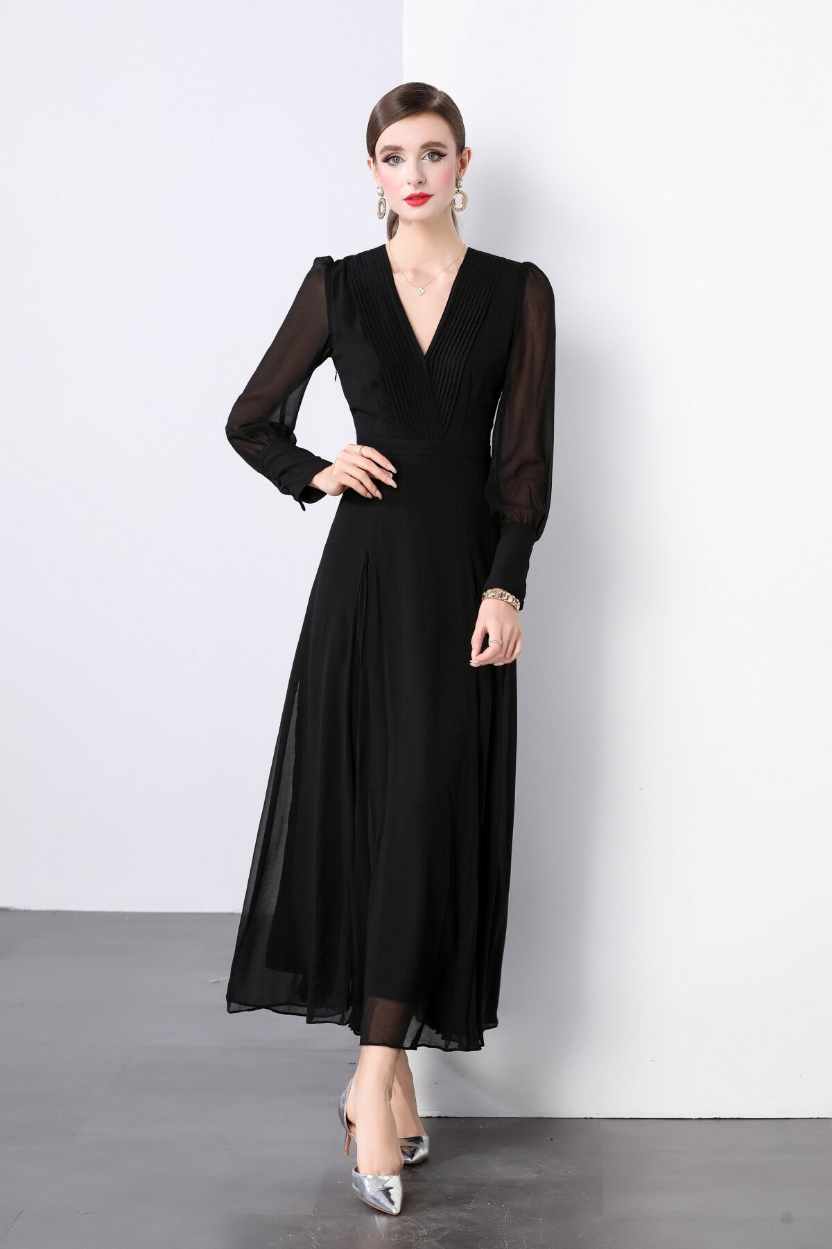Midnight Black Long Sleeve Ruched Waist V Neck Maxi Dress-0