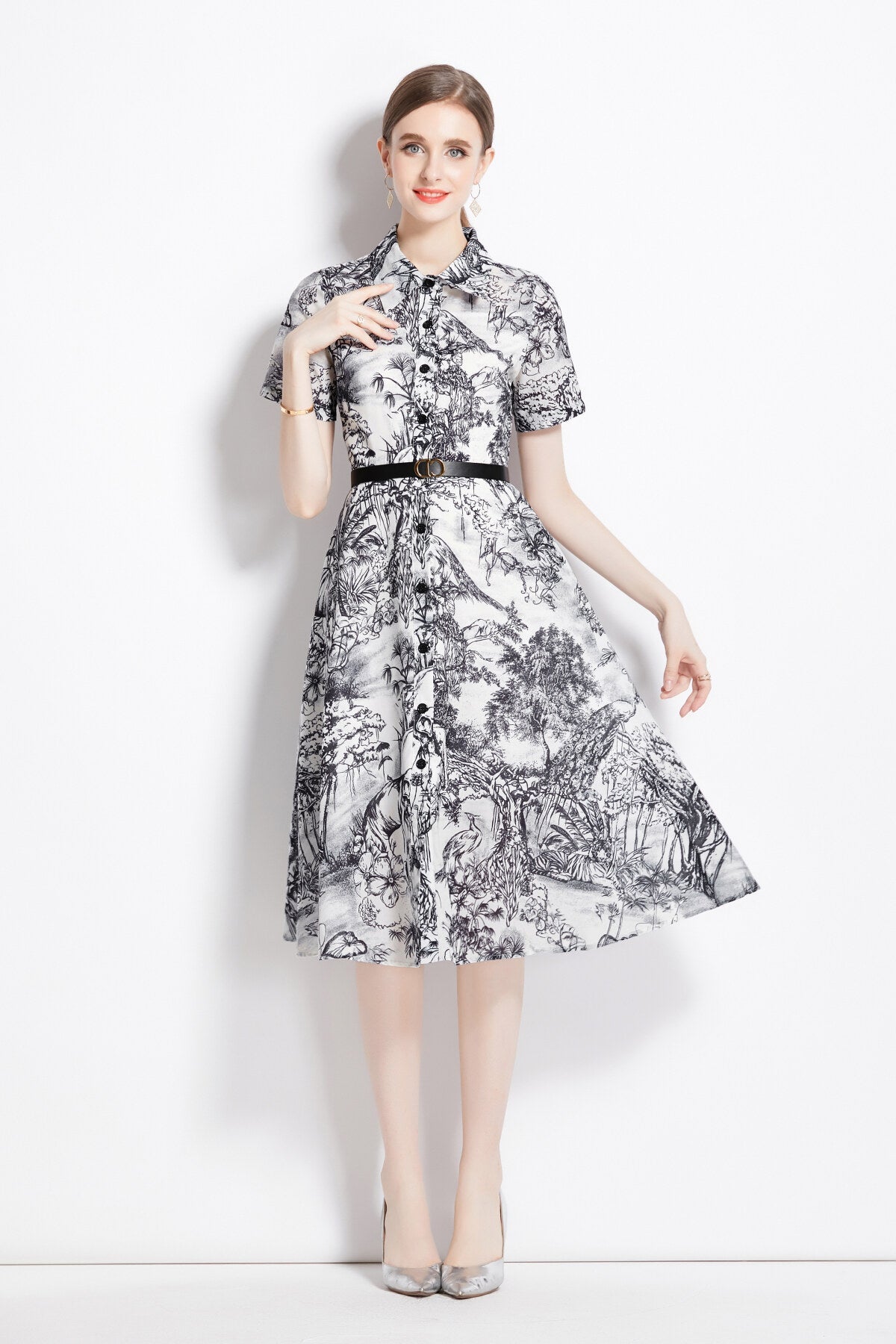 Natural Forest Waist Cinching Flared Work Shirt Dress-2